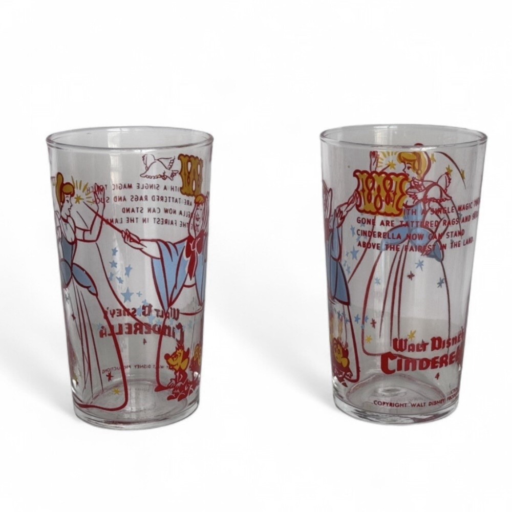 (2)VTG 1950's Walt Disney's Cinderella Collector Drinking Glass #4 short 4‎ 5/8"